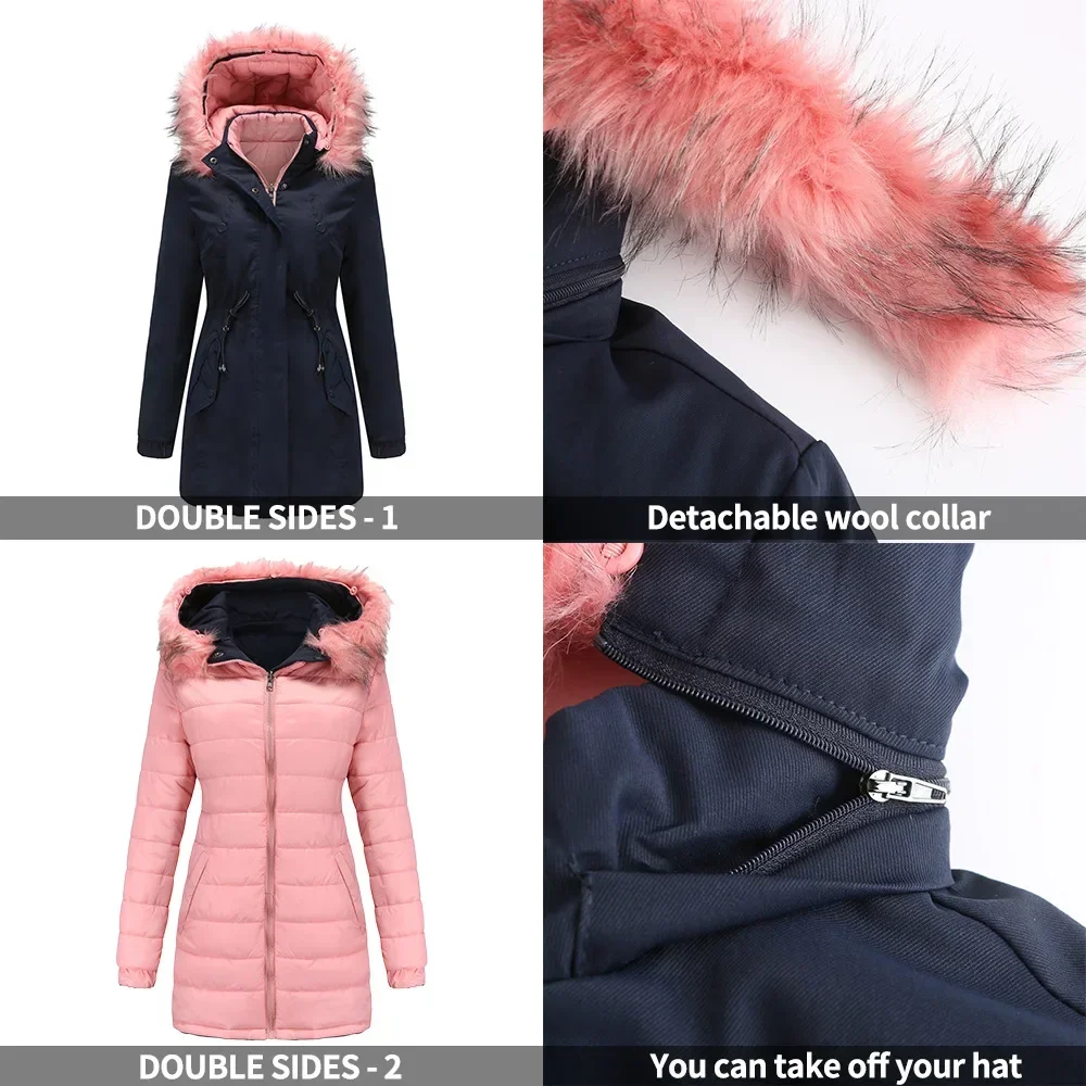 2025 Women's Winter Jacket Female Double Sided Wear Detachable Fur Collar Cotton Jacket Women's Thicken Warm Parka Coats New