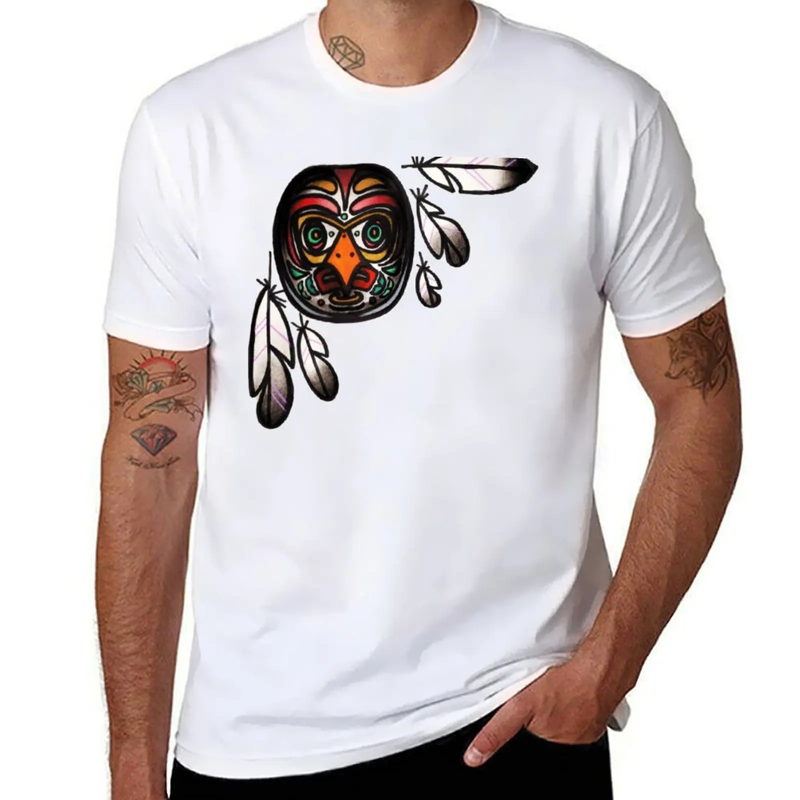 

northwest native, haida inspired owl mask with feathers, tattoo art shirt T-Shirt