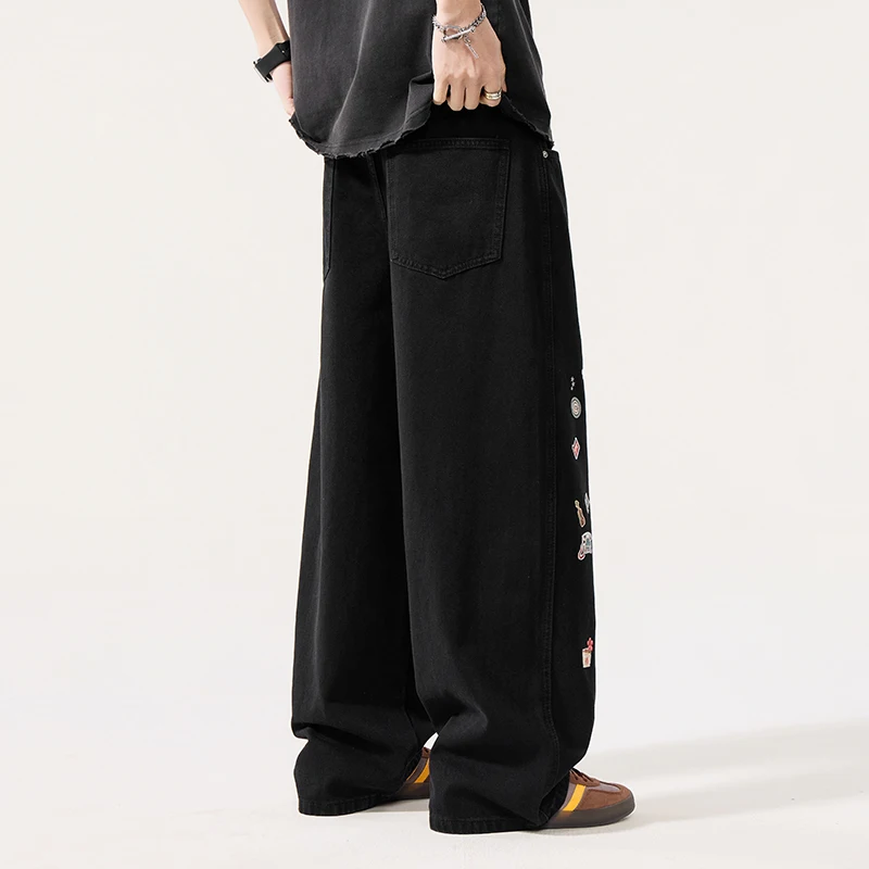 Trendy Black Wide Leg Men's Printting Jeans Loose Straight Draped Print Loose Casual Denim Long Pants 2026 Chic New