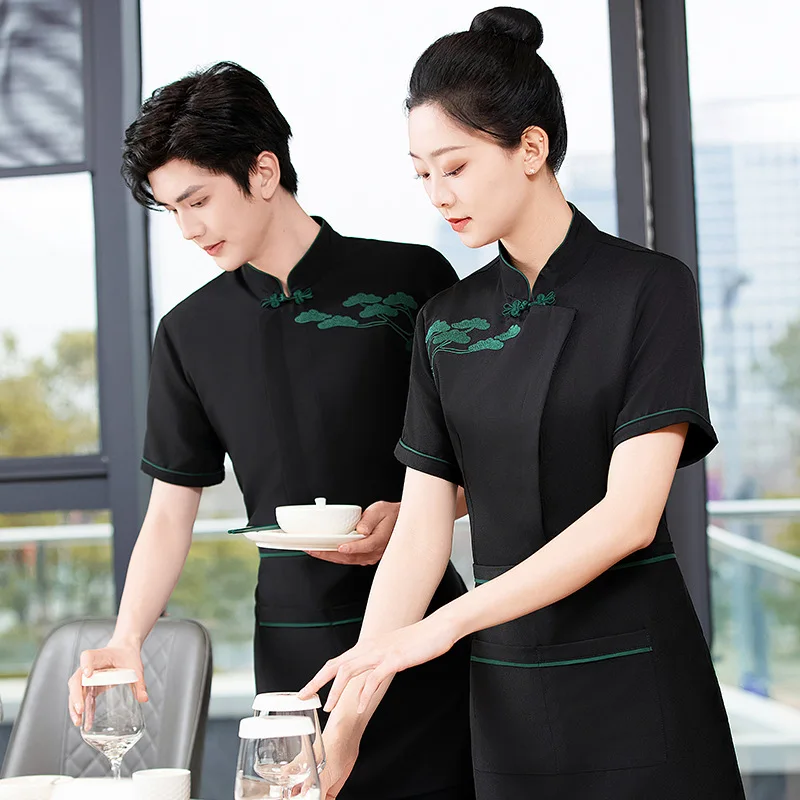 Casa de chá restaurante garçom uniforme trabalho verão manga curta feminino estilo chinês hotel restaurante pote quente restaurante empregado un