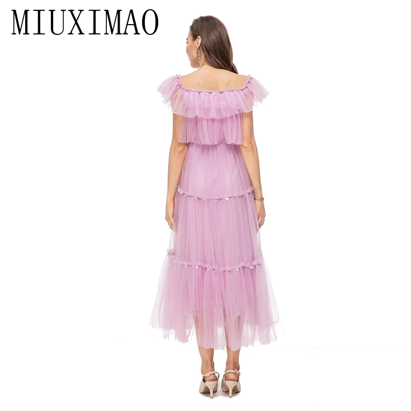 MIUXIMAO 2023 High Quality Summer Elegant Dress Sleeveless Square-Neck French Romance Solid Fashion Long Dress Women Vestides