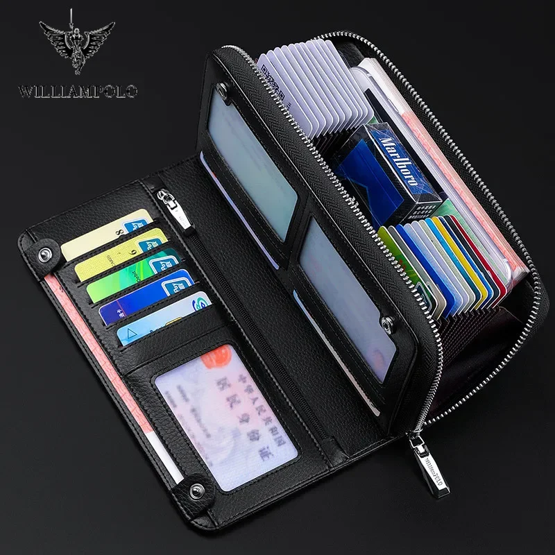 WilliamPOLO Wallet Men\'s Long Leather Anti-theft Swipe Bag Large Capacity Multifunctional Card Holder Wallet Simple Hand Bag