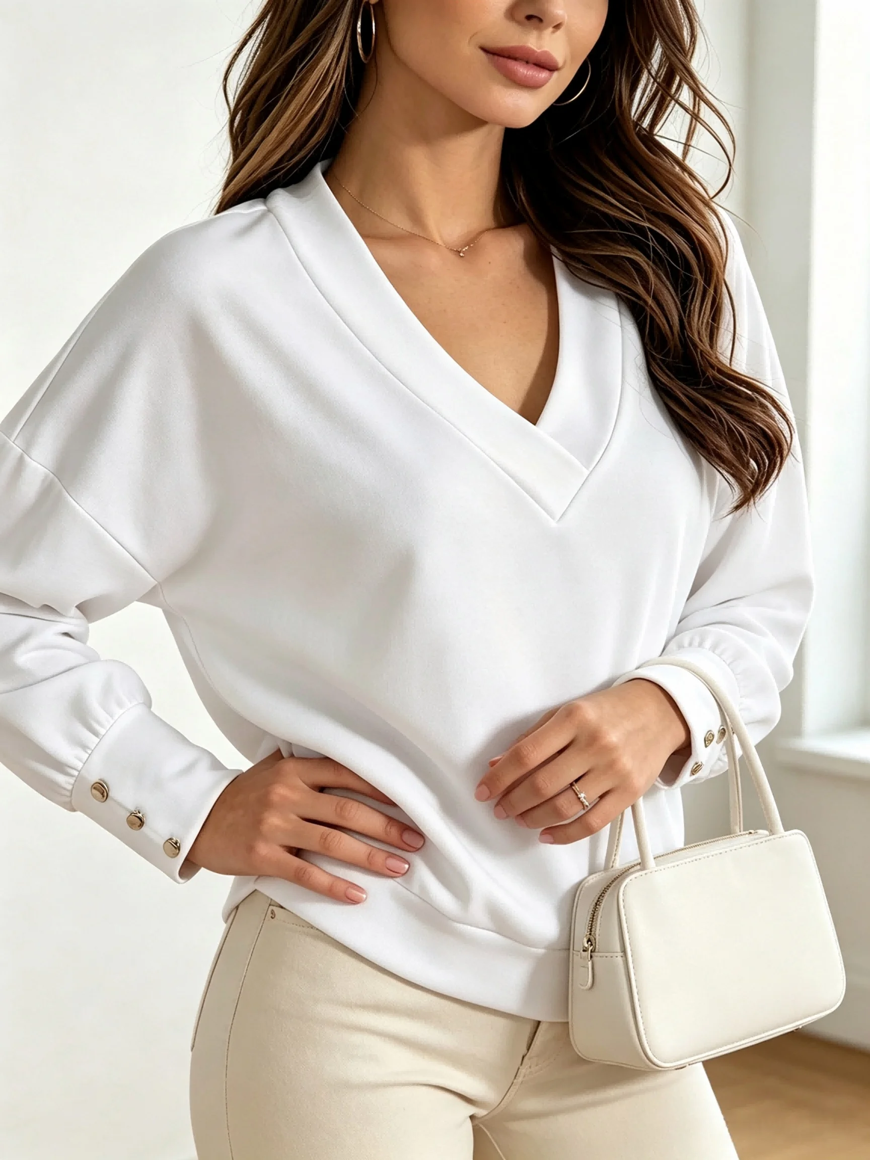 Women`s V‑Neck Knit Long Sleeve Top T-shirt Daily Wear S‑XXL Size Autumn Button Cuff Drop Shoulder Casual Pullover Sweatshirt view 3