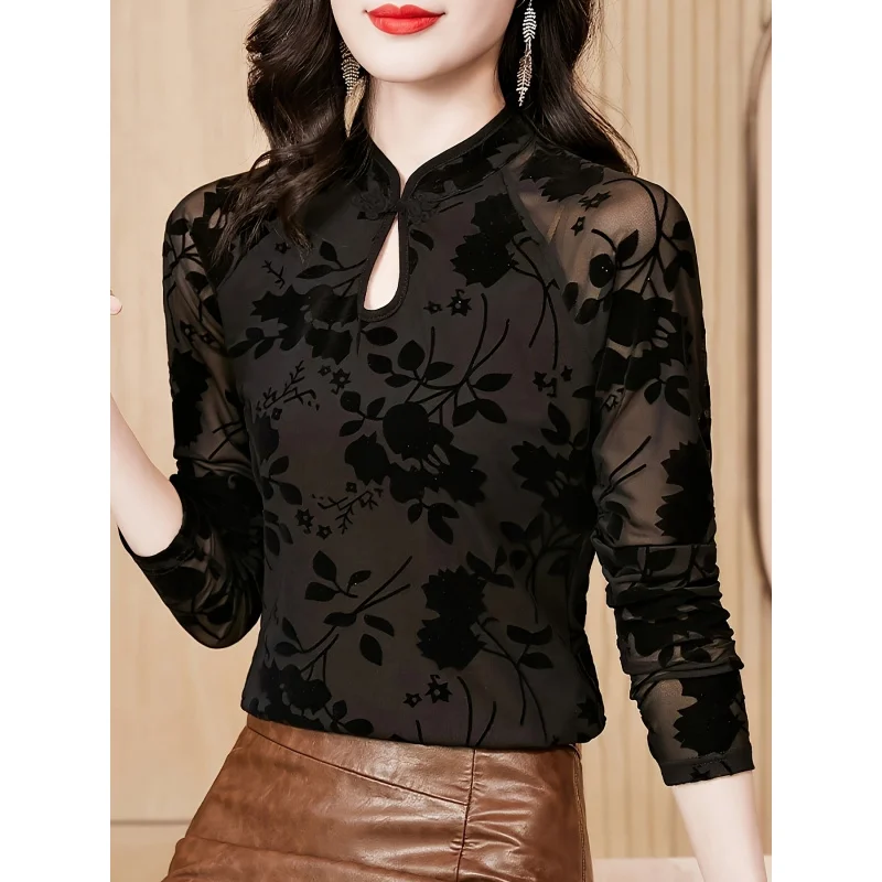 

Women's Vintage Style Black Floral Flocked Mesh Top - Cheongsam Collar, Sheer Sleeves, Elegant Women's-shirt
