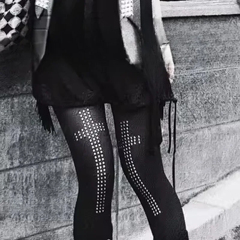 

Новые панк-круглые колготки с заклепками и крестом, авангардные сексуальные колготки y2k, сверкающие крестики, облегающие чулки для похудения, праздничный наряд, повседневная одежда