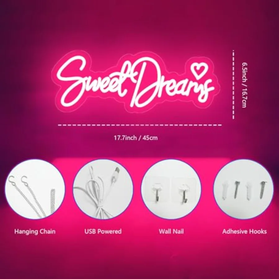 Dreams Sign Pink Letter LED Lights for Bedroom Wall Decor Words USB Powered Light Up Sign for Furniture shop Room Decor Wall Ha