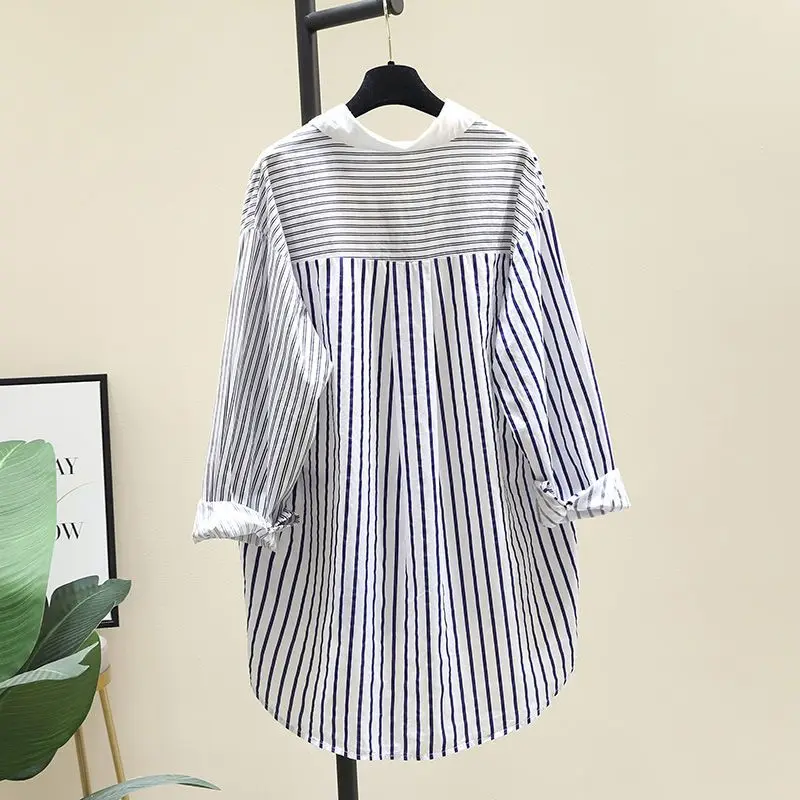 Blouses Women Stitching Striped White Shirts 2024 Spring Autumn New Tops Korean Style Loose Mid-length Shirt Casual Top Coats