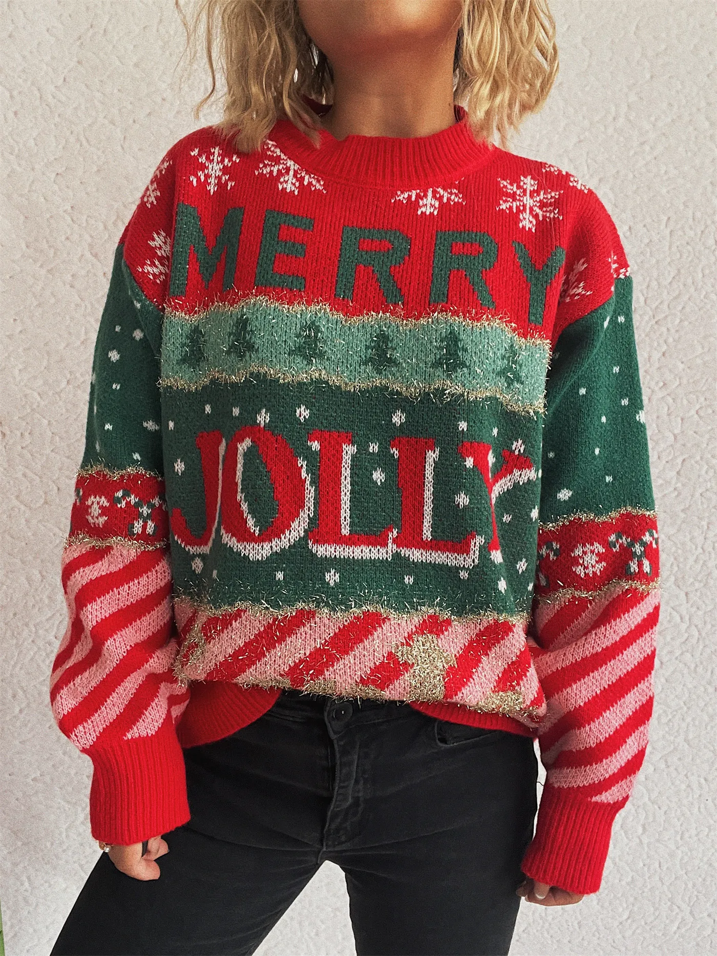 

2025 Christmas Women's Jacquard Knit Sweater Round Neck Loose Fit Pullover Autumn Winter Long Sleeve Casual Red New Year Jumpers