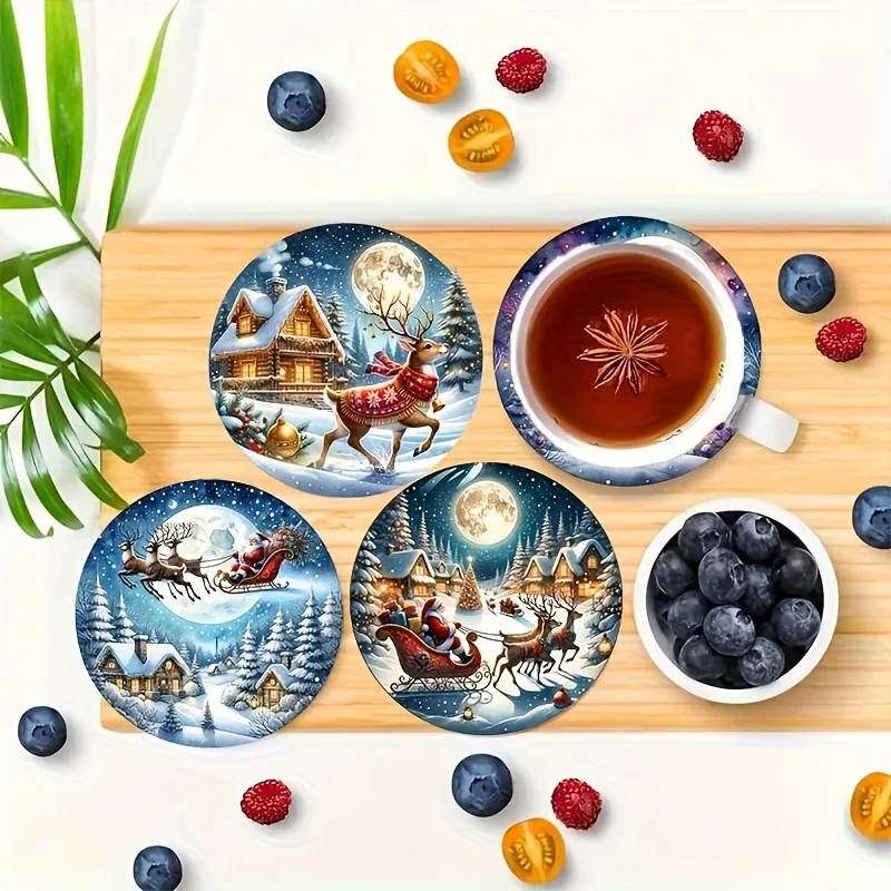 6PCS 10CM 2D Xmas Eve Snowscape Motif Wooden Cup Mat Featherweight Heat-Proof Holiday Ornament Ideal Present Celebration