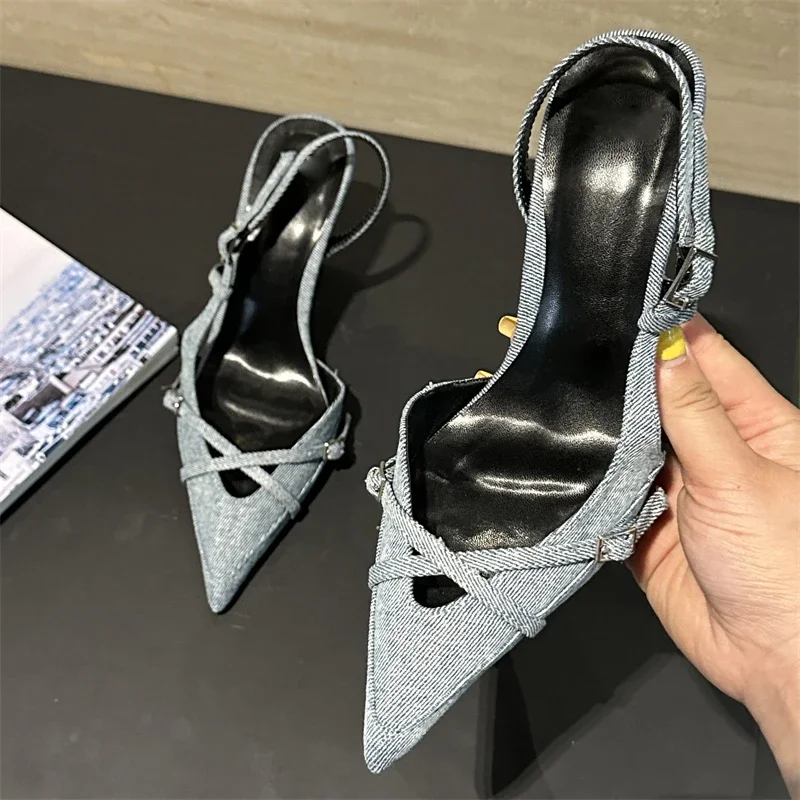 Eilyken Sexy Narrow Band Buckle Strap Women Pumps Designer Pointed Toe Thin Heels Slingback Mules Shoes Fashion Zapatos Mujer image 2