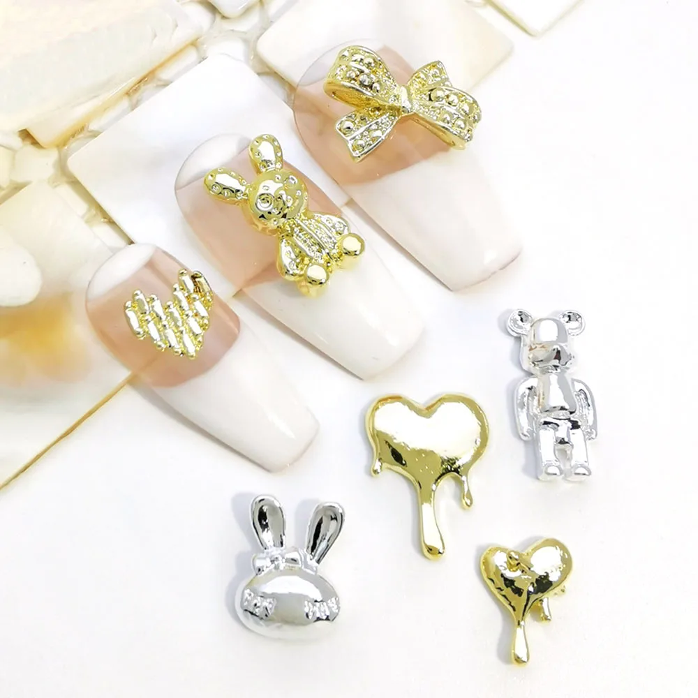 

10Pcs/lot 3D Alloy Nail Art Charms Metal Violent Bear Rabbit Liquid Heart Bow Knot Luxury Nail Decoration Gold/Silver Supplies