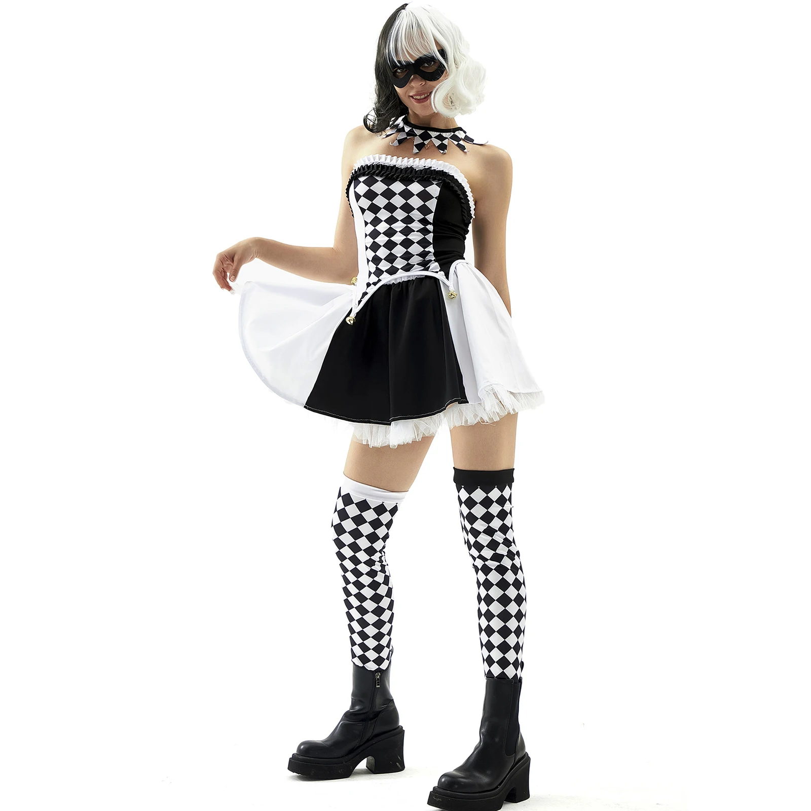 Combhasaki Halloween Clown Costume for Women Plaid Print Circus Party Costume Tube Tops + Lace Hem A-line Skirt + Long Socks Set