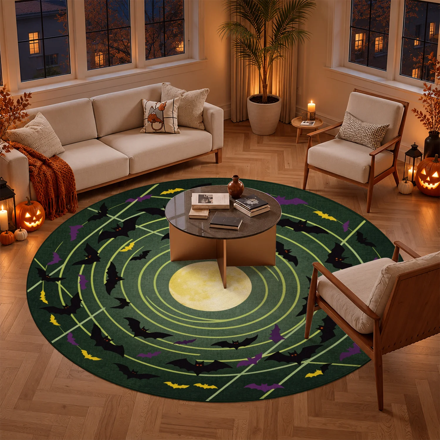 Bat Full Moon Print Round Rug Velvet Machine Washable for Living Room Bedroom Entryway Dining Room Halloween Thanksgiving Christmas New Year Black Friday Cyber Monday