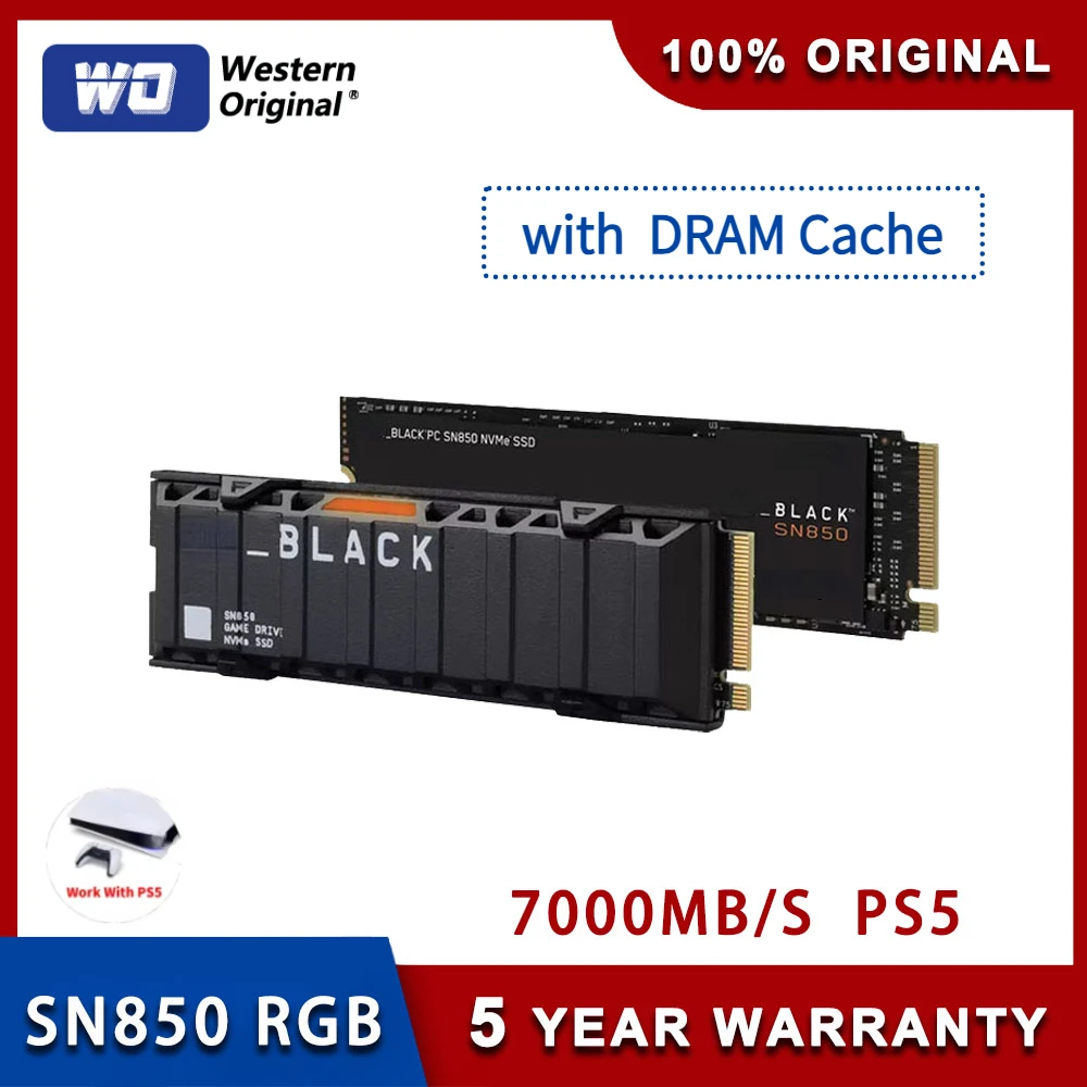 

Western Original Black SN850 RGB 500G встроенный твердотельный накопитель M2 2280 PCIe4.0 игровой NVMe 1T SSD Gen4 совместимый с PS5 2T
