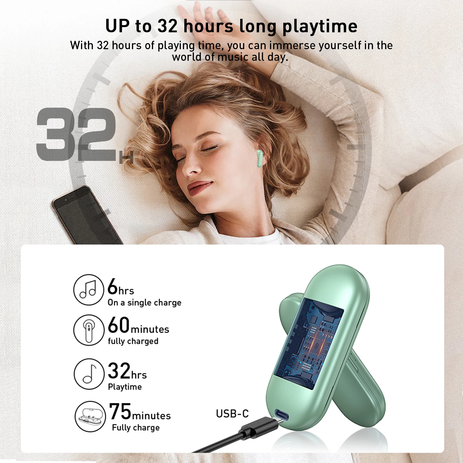 EPPFUN Wireless Earphones QCC3040 Bluetooth V5.2 Earbuds AptX-Adaptive, 4 Mics+CVC Noise Cancellation Type C Metal Case