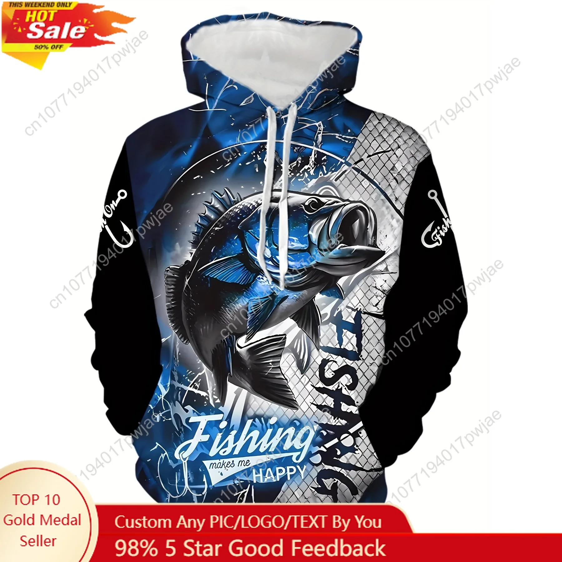 Moletom masculino com capuz com estampa gráfica de peixe 3D vibrante – macio, respirável e confortável – perfeito para primavera, outono e inverno