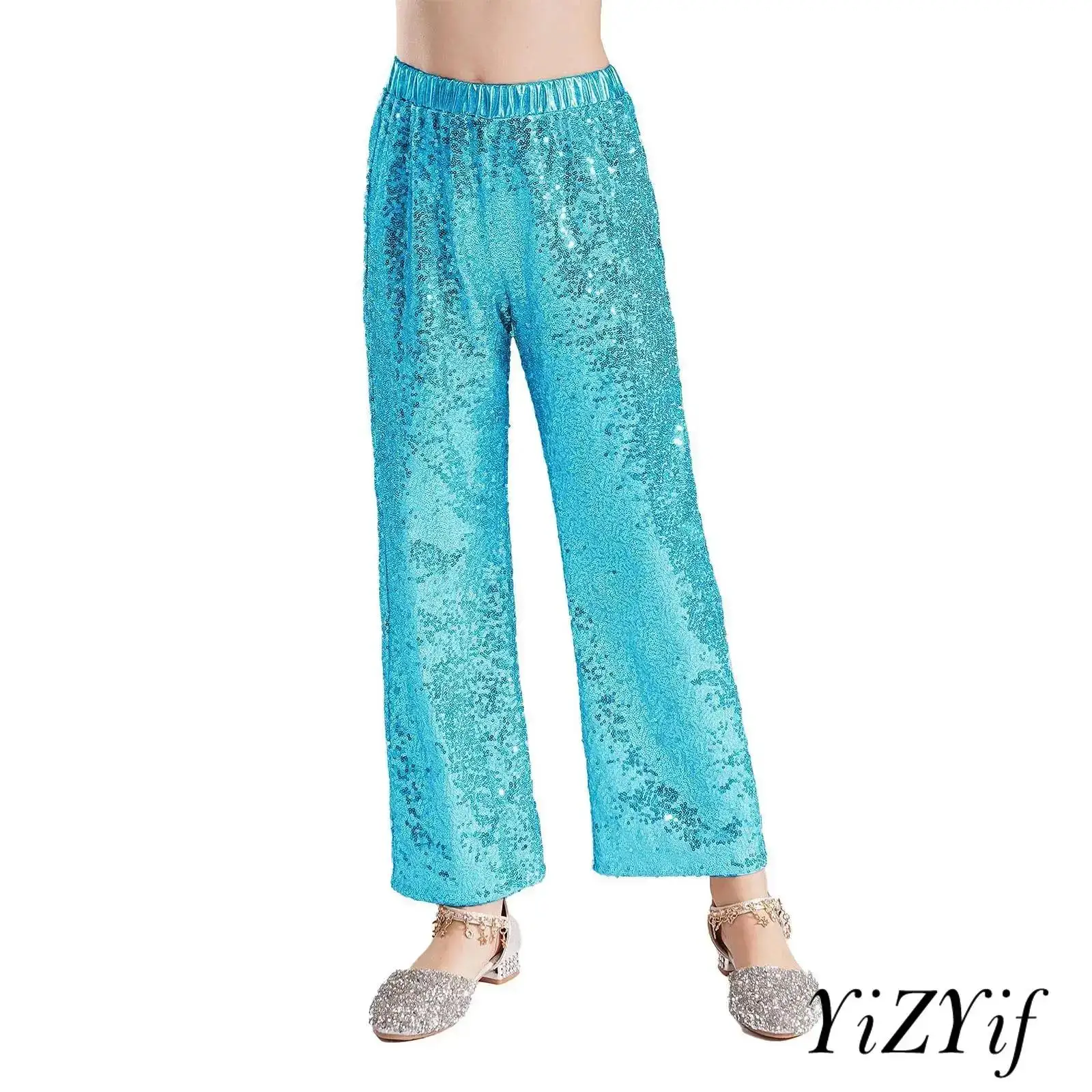 

Kids Girls Jazz Dance Performance Costume Shiny Sequins Pants Elastic Waistband Loose Trousers for Dance Parties Competition