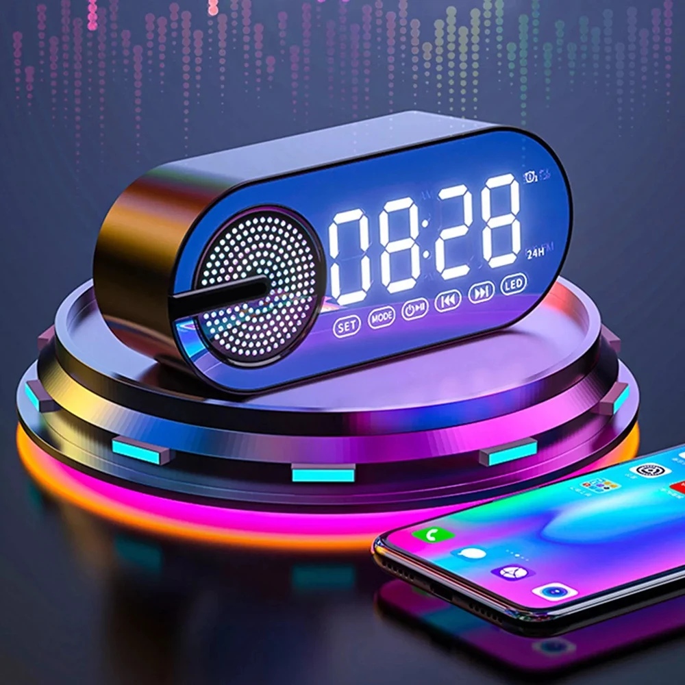 

Wireless Bluetooth Speaker Alarm Clock LED Mirror Display 3D Stereo Sound Music Player with RGB Light FM Radio for Room Office