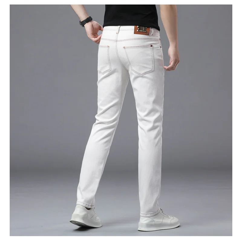 D625 High-end summer new thin section jeans champagne white Slim stretch versatile small straight trousers