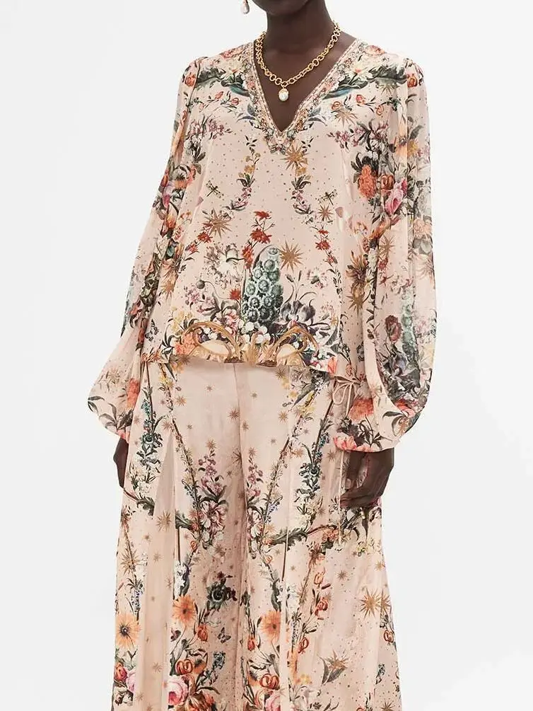 

Pink Flower Print Women 100% Silk Shirt Crystal Beaded V-Neck Long Sleeve Fashion Ladies Blouse Top