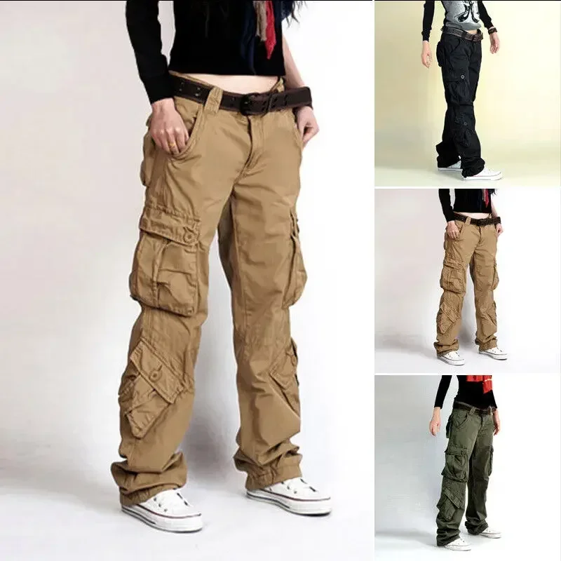 Womens Cargo Pockets Work Casual Trousers Loose Cotton  Combat Baggy Pants view 2