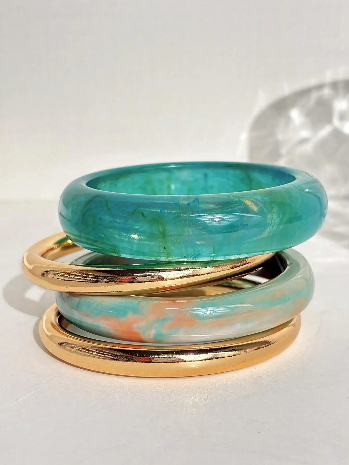 4Pcs Vintage Blue Gold Resin Geometric Unique Look Bracelet Set with Effect Women's Jewelry Perfect for Everyday Wear Gifts