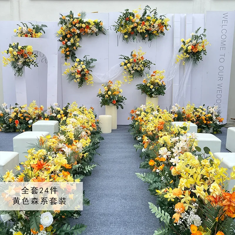 Artificial Yellow Floral Arrangement Wedding Decoration Eucalyptus Floral Arrangement Road Leading Hotel Stage Background