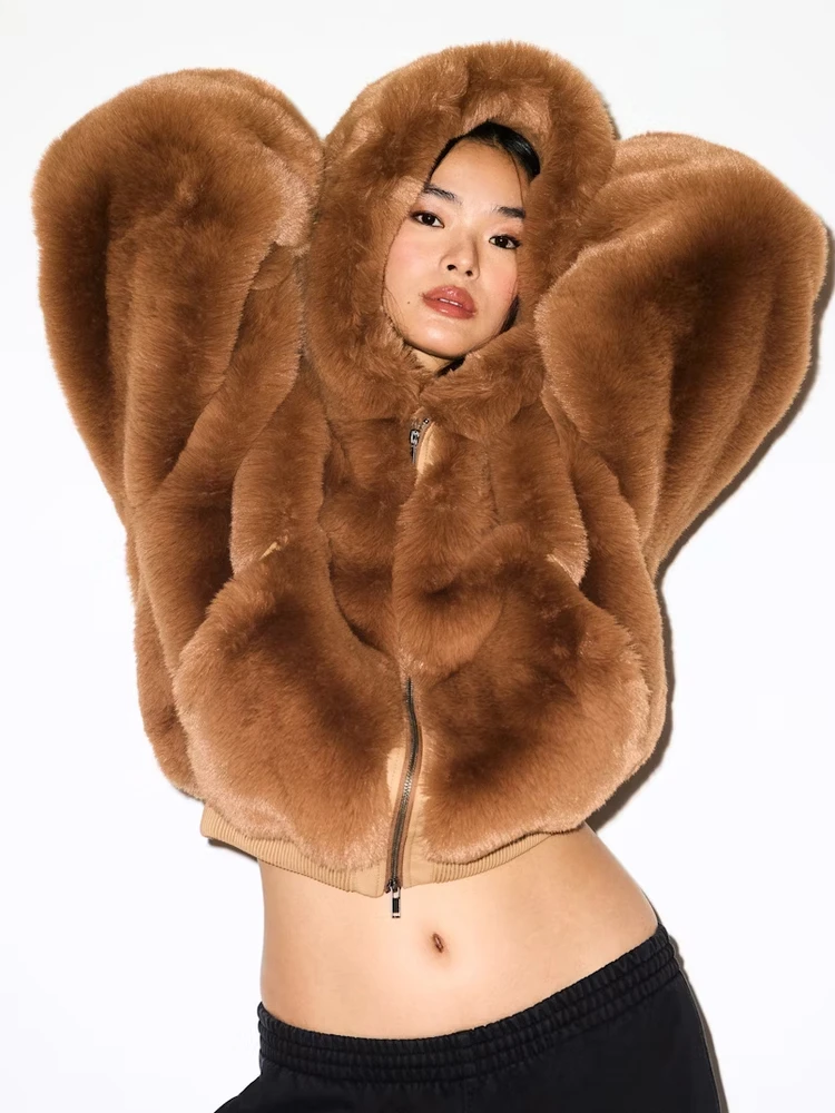 Winter Women's Hooded Faux Fur Jaet Warm Easy to Wear Plu Eco-friendly Zipper Coat Sli Cleanfit Waist-cinching Design