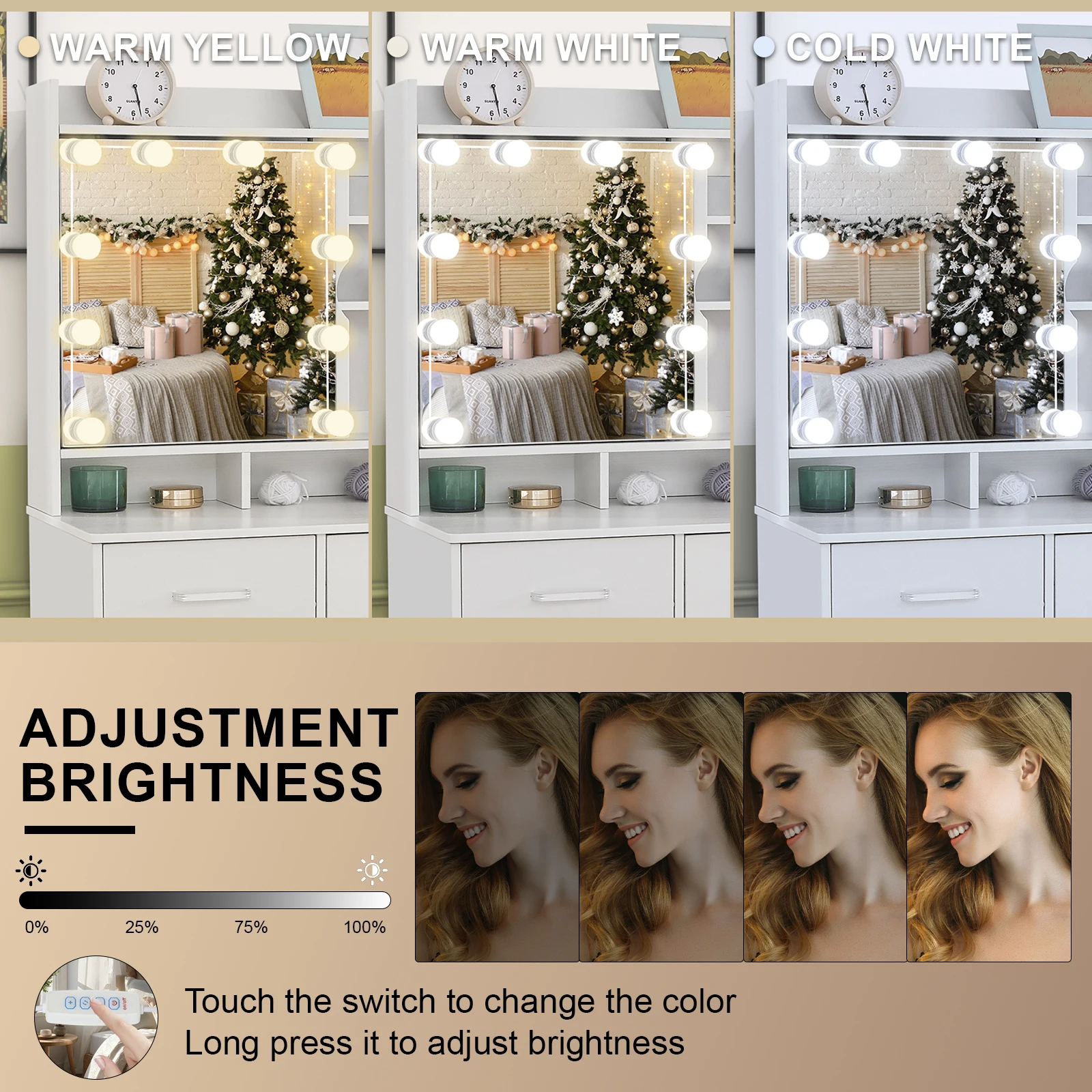 【صفقات 11.11، عروض الجمعة السوداء 2025】مجموعة طاولة مكياج لخزانة الملابس مع مرآة مضاءة بإضاءة LED + 5 أدراج