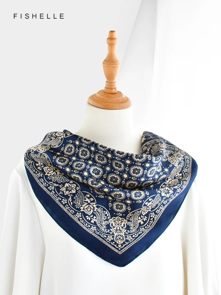 Navy blue Paisley 100% natural silk scarves small square scarf hijab shawl luxury gift headband 65cm men women wrap neckerchief