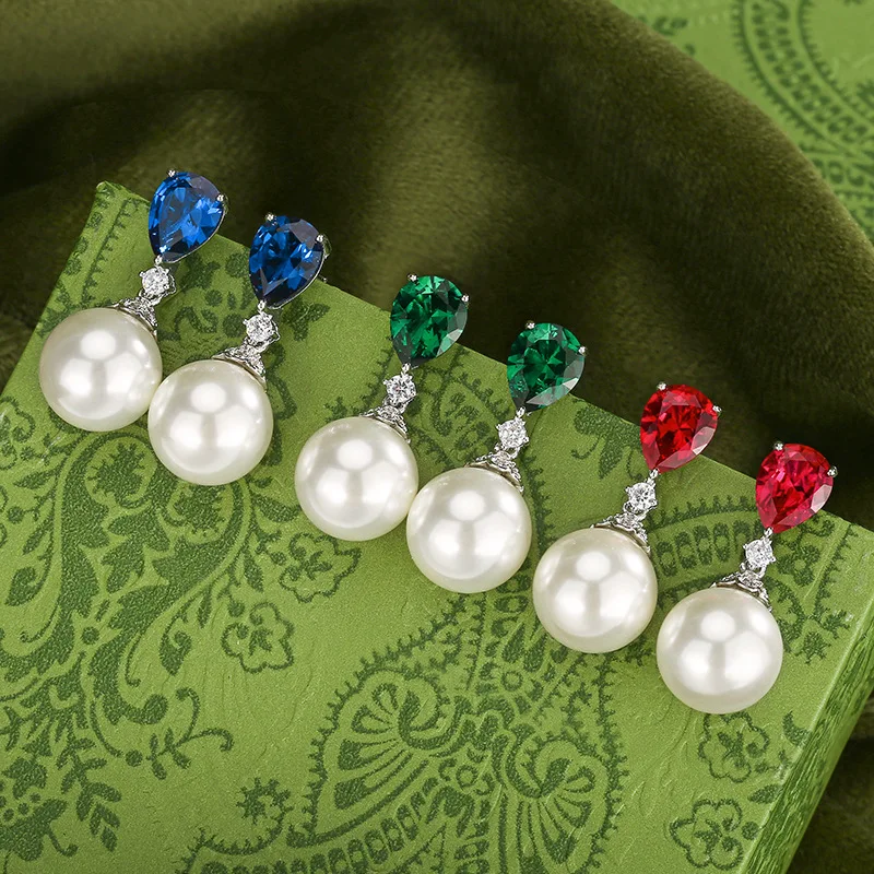 

Luxury Drop Earrings for Women Pear Shape Green Blue Red CZ Stone 12mm White Pearl Earrings Elegant Wedding Party Jewelry Gift