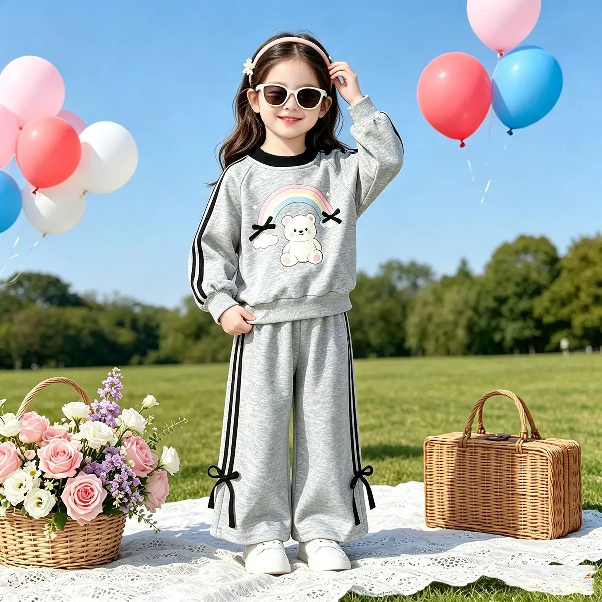 Mädchen-Sweatshirt mit Schleifendetail und Cartoon-Katze & Weite Hose – Süßes 2-teiliges Herbst-Set für Babys – Detail 5