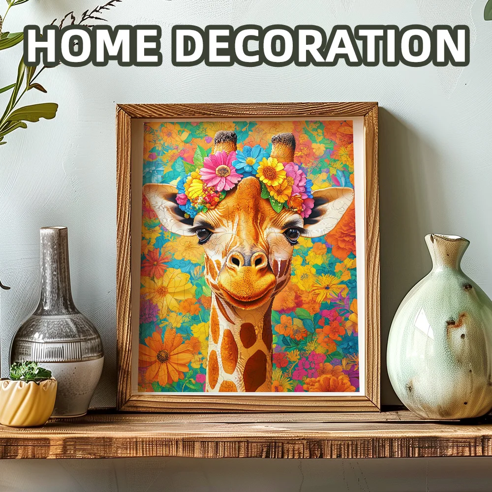 독특한 모양의 나무 직소 퍼즐 - 꽃무늬 기린 디자인, 성인 및 어린이 가족 게임, 아버지의 날을 위한 이상적인 선물