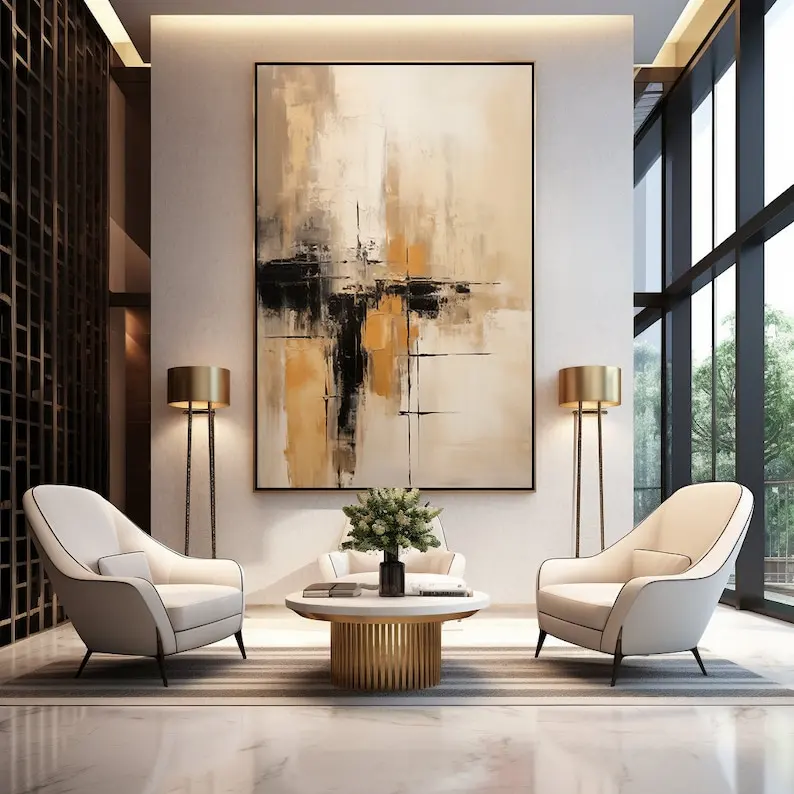 

Hand-Painted Modern Abstract Oil Painting Wall Art Frameless Minimalist Beige, Orange Canvas Oil Artworks for Living Room Decor