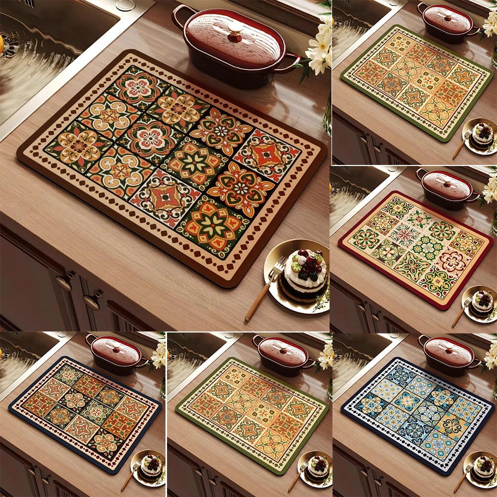 Retro Floral Tile Drainage Pad Quick Dry Tableware Mat Anti Scratch Counter Mat For Kitchen Sink & Washing Machine Top Decor