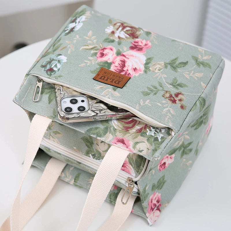 Portable Floral Print Lunch Bag Thermal Insulated Lunch Box Tote Cooler Functional Handbag Student Bento Pouch Food Storage Bags