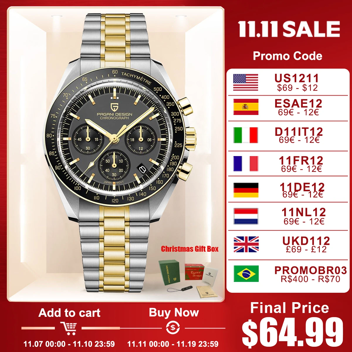 

PAGANI DESIGN PD1701 Gold Luxury Men's Watches Quartz Wristwatches Chronograph VK63 Watch For Men AR Sapphire Mirror Clock Gifts