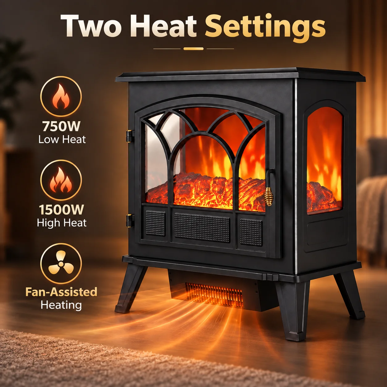 Freestanding Electric Fireplace Heater 3-Sided View Stove Style Fireplace with Realistic LED Flame, 750W/1500W Adjustable Heat, Adjustable Thermostat, Overheat Protection for Living Room Bedroom