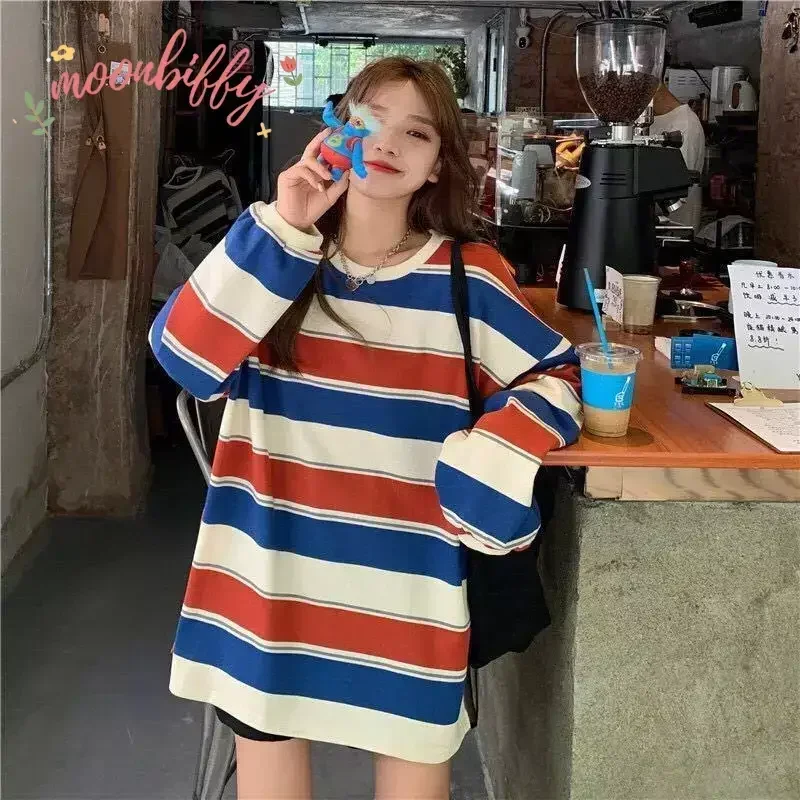 Sudadera con capucha a rayas de gran tamaño para mujer, jerséis Harajuku, moda coreana, Tops de manga larga a juego para parejas, ropa de calle de