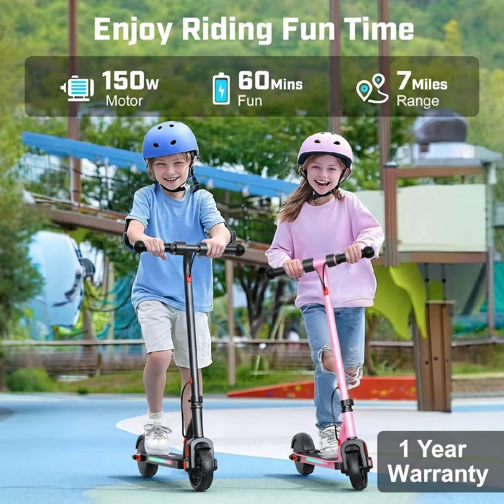 

Electric Scooter For Kid Age 6-12 3 Adjustable Speeds 150W Motor E-Scooter With Color Light LED Display And Dual Braking System
