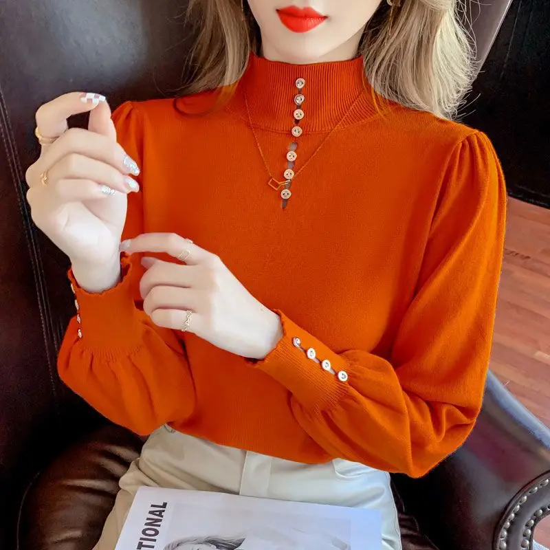 Half High Collar Autumn Winter Solid Button Lantern Long Sleeve Women's Clothing Pullover Sweater Knitted Casual Fashion Tops