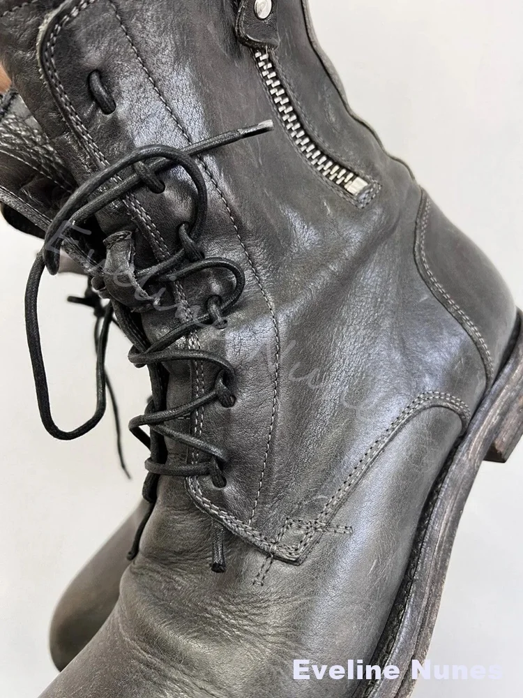 Charcoal Grey Distressed Genuine Leather Combat Boots Men Side Zipper Lace Up Low Heel Vintage Boots Mid Calf Gothic Street Boot