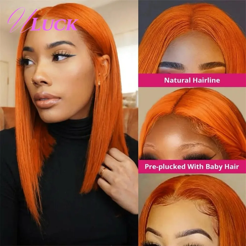 

Uluck Double Drawn Ginger Orange Colored Short Straight Bob Wigs 13x4 Lace Frontal Wigs 200% Density Pre Plucked Human Hair Wigs
