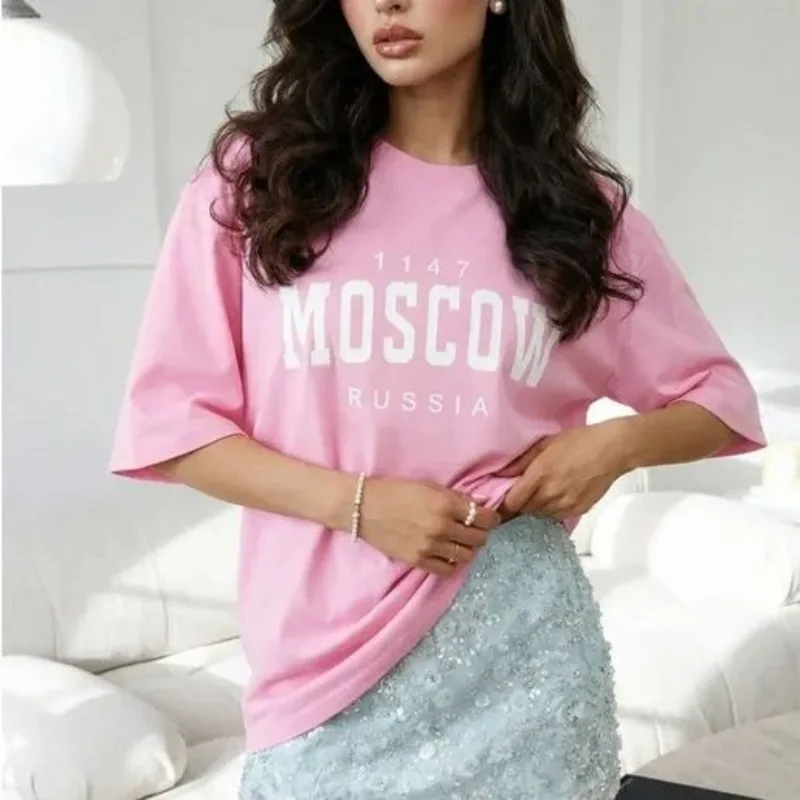 Slavic Travel Pink Oversized Tee Retro Varsity Moscow Russia 1147 Bold Letter Front Print Soft Cotton Loose Women Street T Shirt