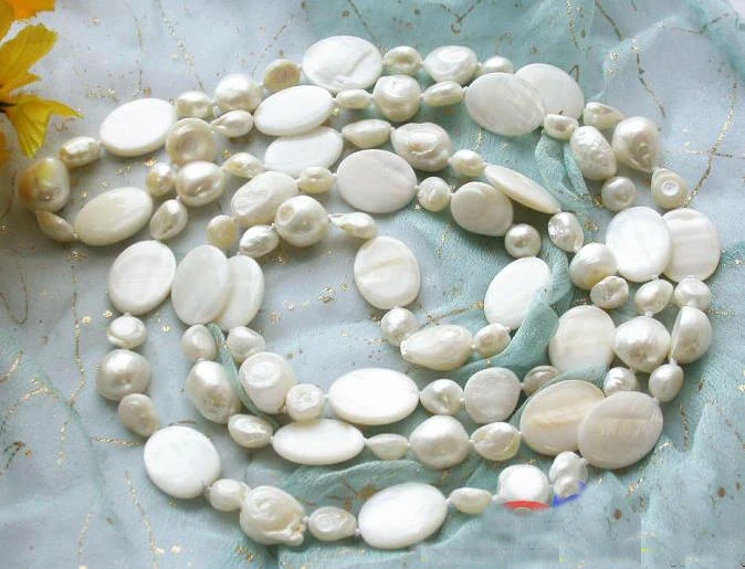 Favorite Pearl Necklace,50'' Long White Ellipse Coin Shell Freshwater Pearl Fashion Jewelry,Handmade,Charming Women Gift