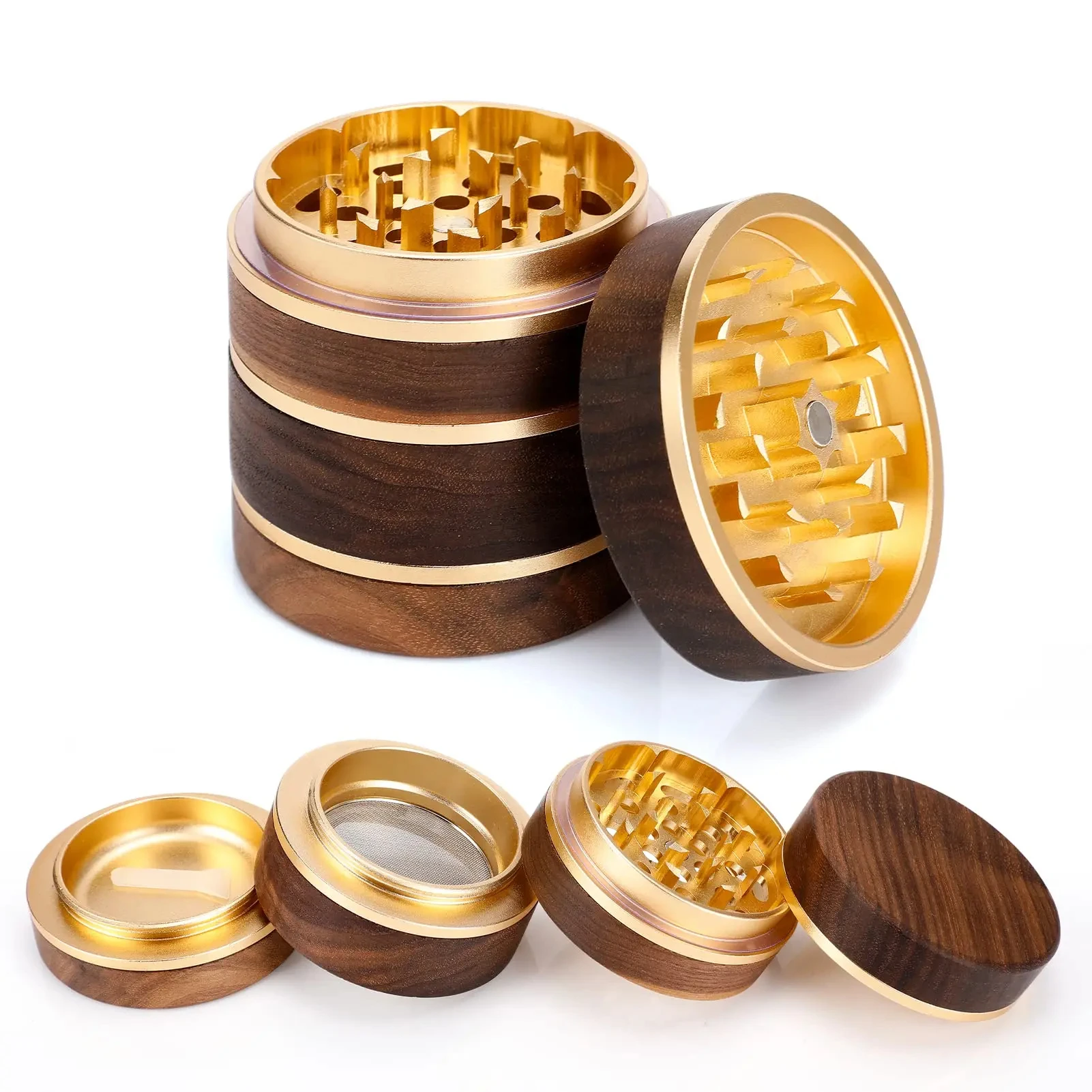 Wooden Herbal Grinder 63mm Aluminum Alloy Metal Grinder with Pollen Catcher Manual Tobacco Crusher Herb with Magnetic Lid