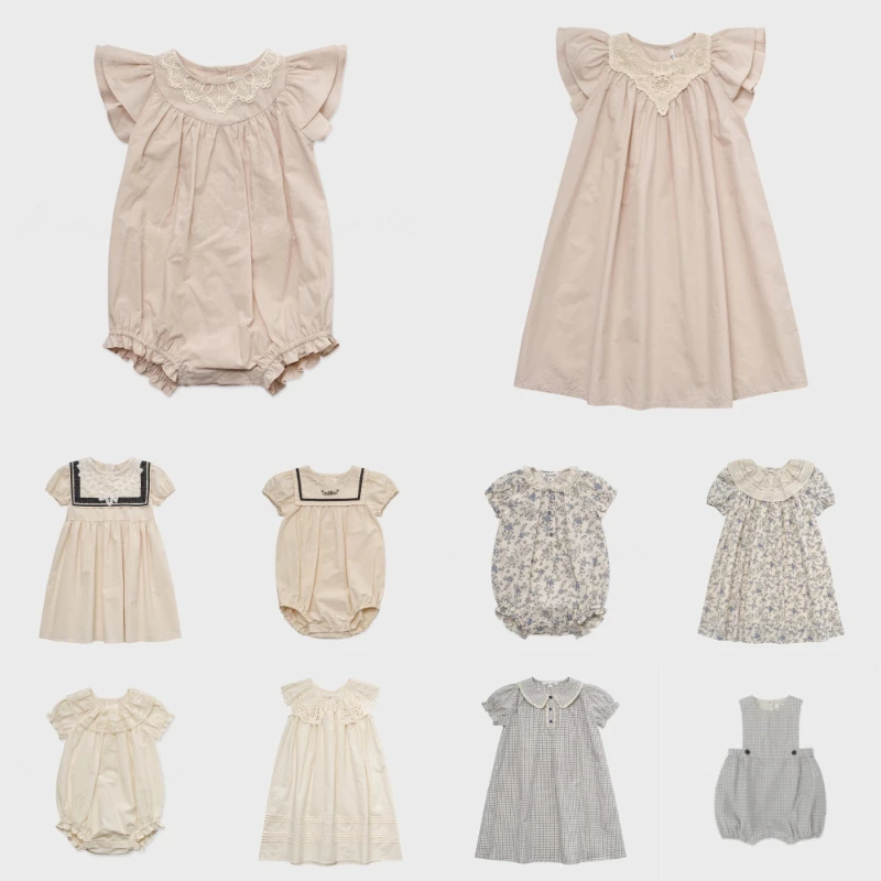 Children's Dress Set 26 LOU Summer Girls' Hand-embroidered Lace-trimmed Floral Print Dress Baby One-piece Clothes Romper
