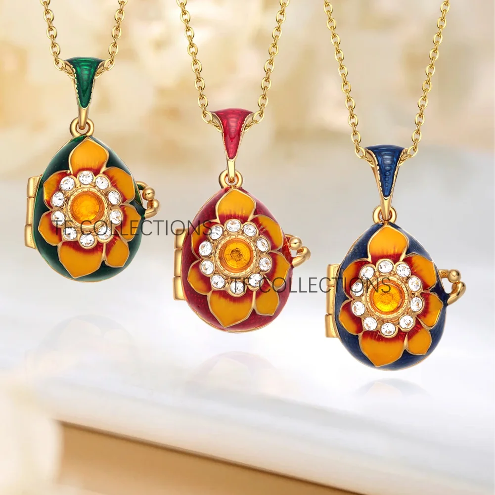 YAFFIL Elegance Egg Pendant Enamel Jewelry Locket Sun Flower Crystal Rhinestone Necklace With Heart Charm Inside Women Gift