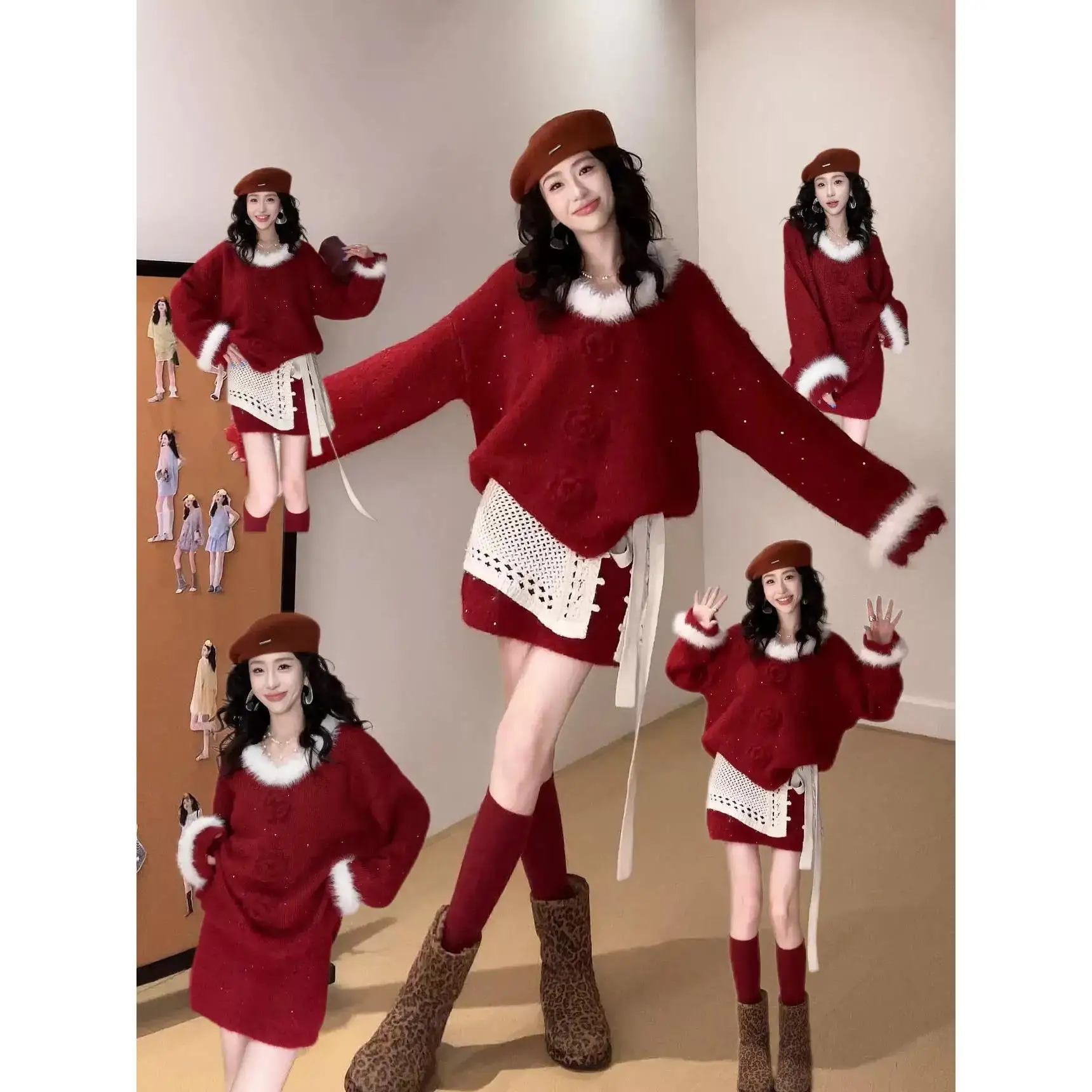 

Корейский комплект на осень-зиму, одинаковый комплект, женская юбка с высокой талией, вязаный свитер с меховым воротником, ленивый Sle с цветочным узором