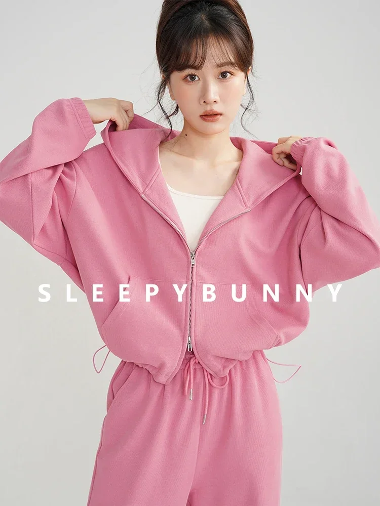 2025 Spring Korean Style Pink Sports Hoodie Set Women Loose Fit Drop Shoulder Crop Top and Sweatpants Petite Friendly Loungewear